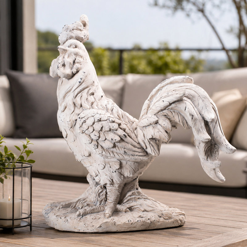 Statue de jardin antique coq de ferme blanche