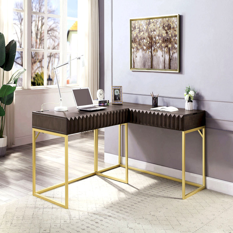 Bureau d'ordinateur transitionnel à deux tons noyer, conception de dessus de port USB et tiroir dissimulé, Walnut/Gold