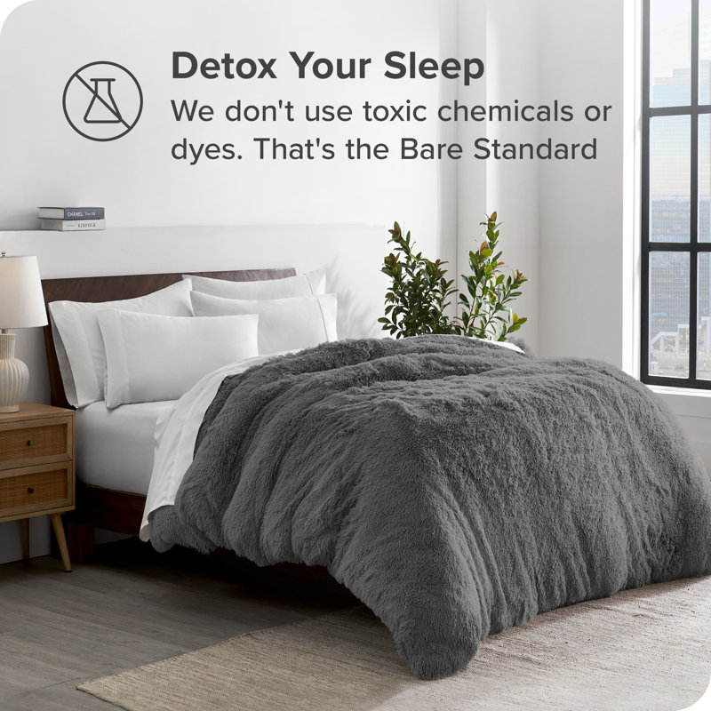 Gray Twin/Twin XL Shaggy Faux Fur Duvet Cover with Crystal Velvet Back