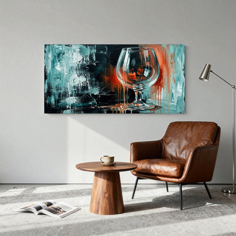 Tableau sur toile avec verre à vin orné d'orange et de turquoise, motif abstrait, L 32 po x H 16 po