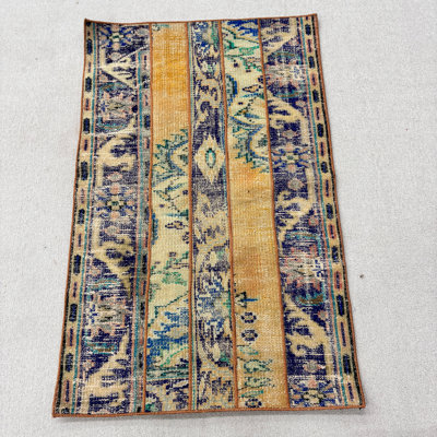 Vintage Wool Rug, 30.7x48.8 Inch Yellow Patchwork Rug
