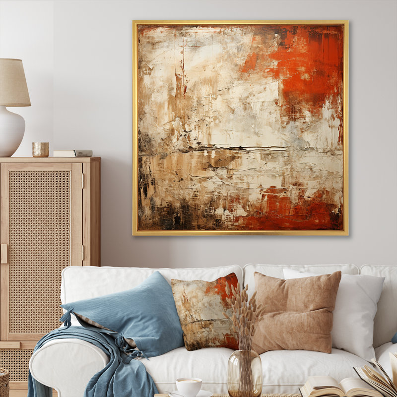 Orange Chaos Collage I - Abstract Collages, art mural, Cadre flottant doré, H 36 po x l 36 po x P 1,5 po