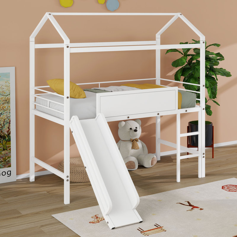 Twin Size Metal Loft Bed With Guardrails And Two-Sided Writable Chalkboard, House Bed With Slide, Roof For Kids,Teens, White