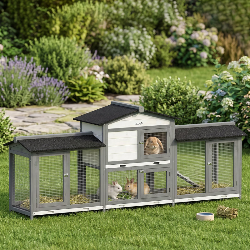 Large Rabbit Hutch 2Tier Wooden Ramp 230 x 53 x 935cm Light Grey