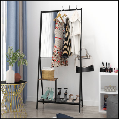 Portemanteau multifonctionnel avec miroir et rangement pour chaussures, structure en aluminium, pour le salon ou la chambre à coucher organisé, style industriel, brun rustique et noir