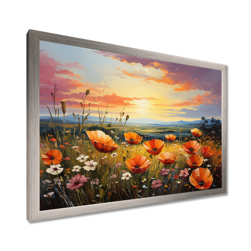 Art sur toile Tangerine Tango Field Of Blooms Flowers I - Flower, Cadre simple argenté, H 16 po x l 32 po x P 1,5 po