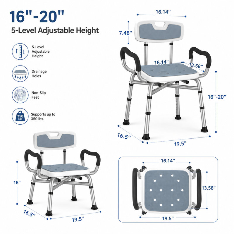 Chaise de douche avec accoudoirs et dossier