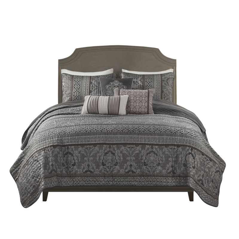 Ensemble de courtepointe en jacquard de six articles, Double / grand + 2 taies décoratives + 3 coussins, Gris