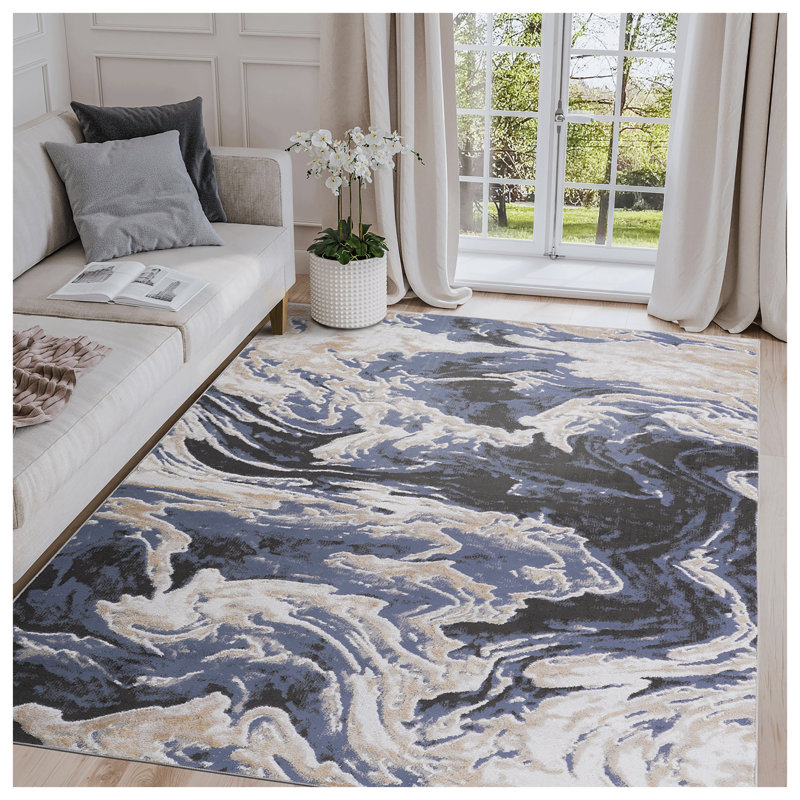 PAYAS Collection 8x10 Abstract Area Rug - Light Blue & Beige Modern Design, Stain Resistant Polypropylene Carpet for Living Room