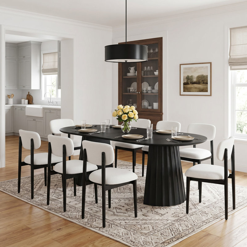 Ensemble de table de salle à manger en bois massif 79 po avec 8 chaises rembourrées Fabirc, Black, White/Black