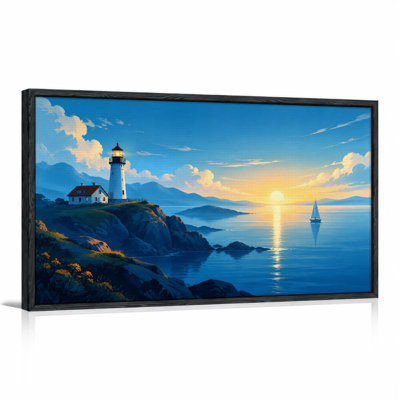 White Lighthouse and Sailboat on Rocky Coast at Sunset Canvas Wall Art