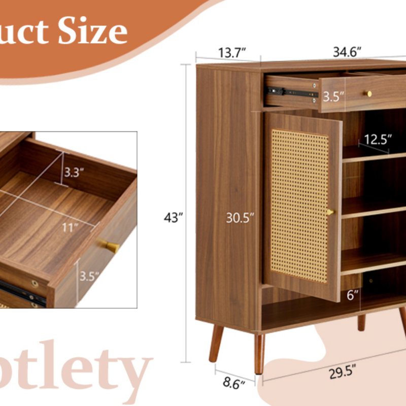 34.6*13.7*43 Inches Multi-Functional Modern Minimalist Walnut-Colored MDF Shoe Cabinet - Perfectly Blends Into Nordic, And Industrial Style Homes