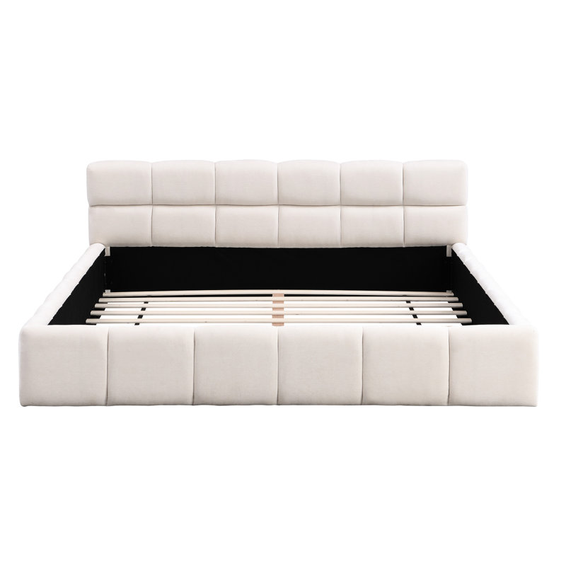 Élégant cadre de grand lit tapissier en chenille beige avec un design en damier pour une mise à niveau de la chambre à coucher dans un décor moderne et confortable