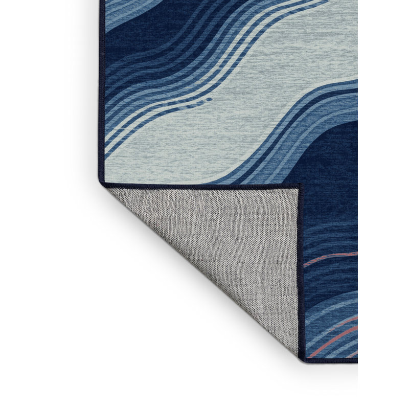 Machine Washable Potts Dragon Boat Festival Modern & Contemporary Striped Rug in Blue – Navy Binding, 2x4