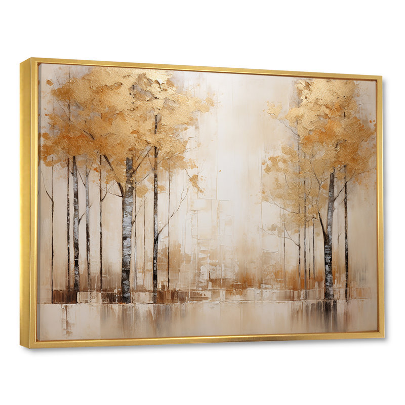 Minimalisme beige et forêt dorée sur toile, Cadre flottant doré, H 30 po x l 40 po x P 1,5 po