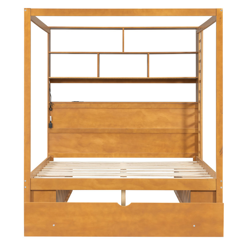 Lit à baldaquin en bois avec bibliothèque, prises USB, éclairage DEL, compartiments de rangement, tiroirs et penderie., Queen