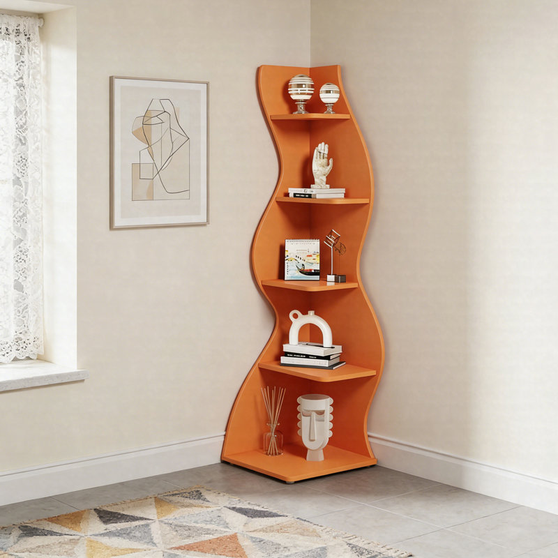 69.8"Height 5-Tier Wavy Corner Bookshelf And Plant Stand For Living Room Small Space, Orange