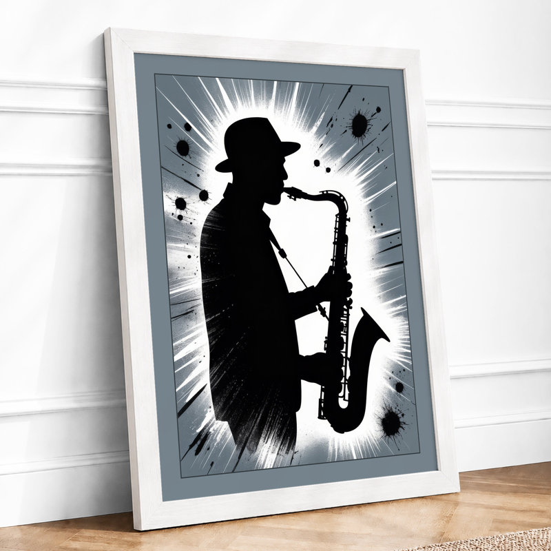 Saxophone Silhouette Urban Art - Framed Print, A4 - 29.7 x 21.0 cm, White