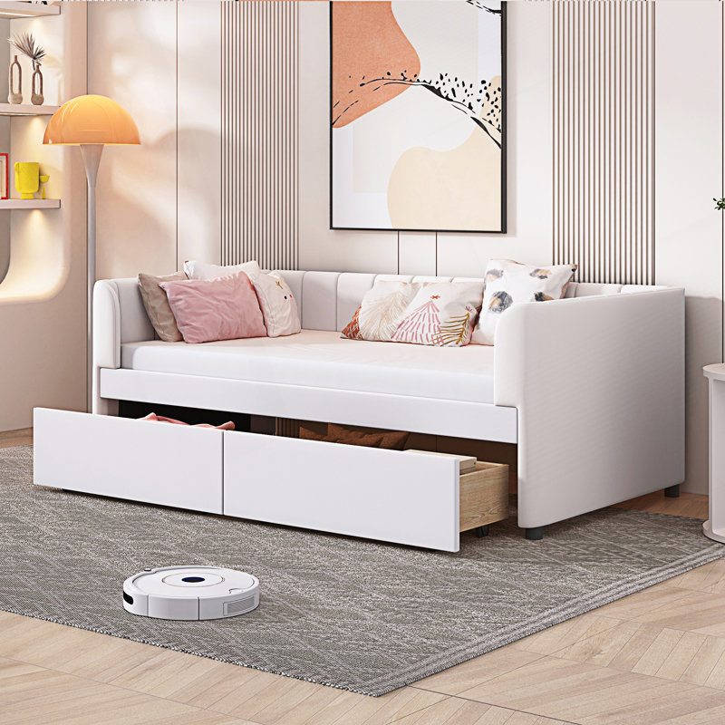 Lit de jour moderne tapissier simple avec dossier ergonomique et 2 tiroirs, Beige