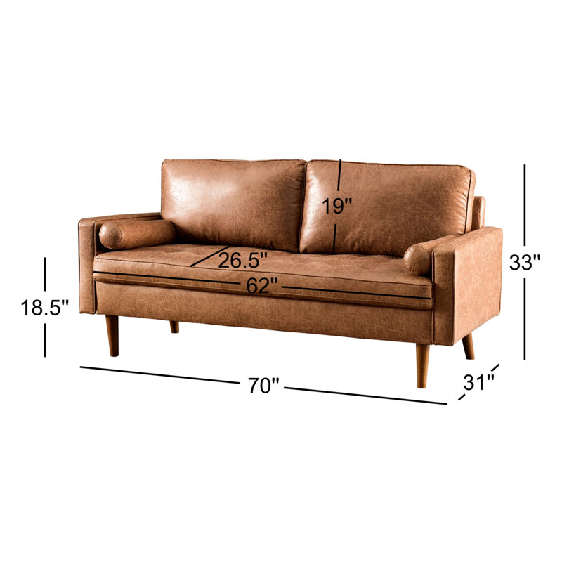 Aisha 70" Faux Leather Square Arm Loveseat, Light Brown Faux Leather