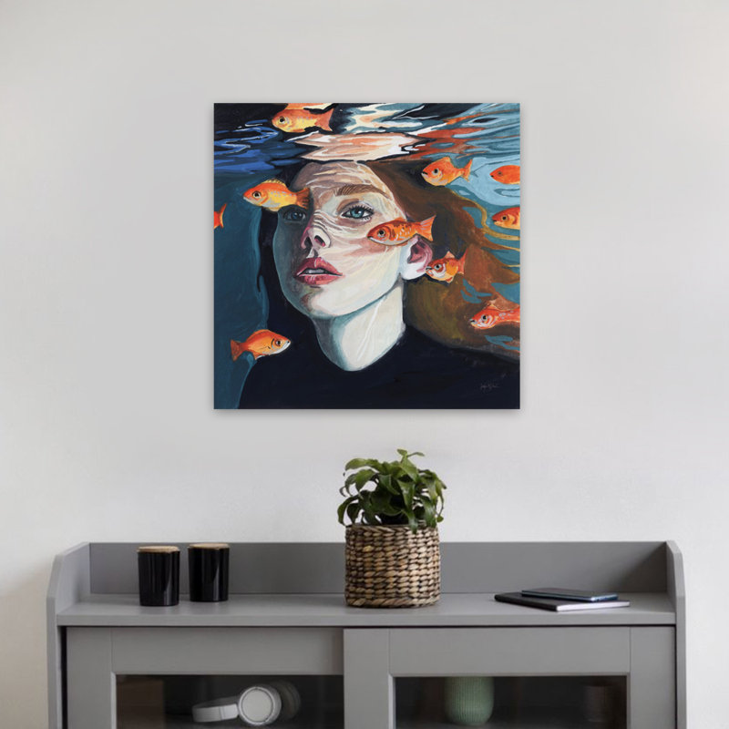 Nager avec les poissons, art contemporain, H 18 po x l 18 po