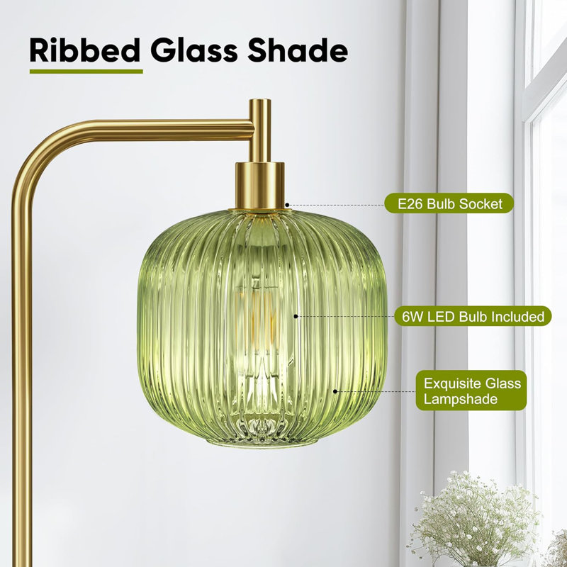 Glass Floor Lamp For Living Room, Modern Standing Lamp With Ribbed Glass Lampshade Pedal Switch, Tall Lamp For Bedroom Study Room,2700K LED Bulb Included