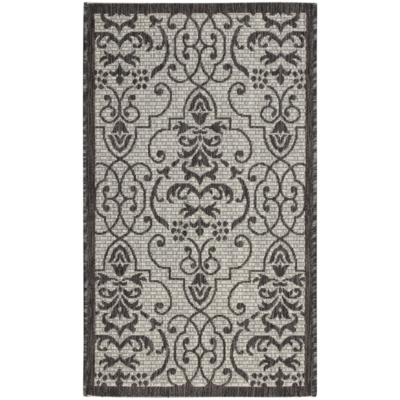 Trofin Rectangle Machine-made Power Loom Abstract Ivory/Charcoal Indoor/Outdoor Area Rug, Rectangle 2'2" x 3'9"