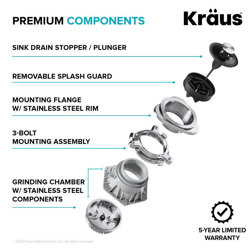 KRAUS Wasteguard High-Speed 1 HP Continuous Feed Ultra-Quiet Motor Garbage Disposal With Power Cord And Flange Included And Universal Mount, KWD200-100MGR