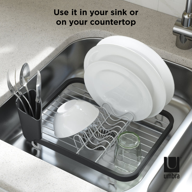 Black and Silver Metal Dish Rack with Utensil Cup