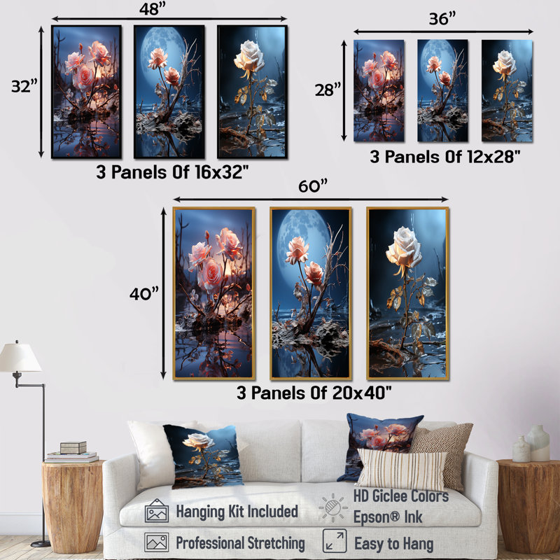 Ensemble de salon 3 pièces Moonlit Flower Serenity Blooms I - Rose, Cadre flottant noir, H 28 po x l 36 po