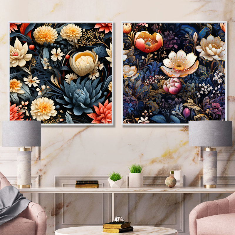 Etna - ensemble de 2 reproductions d'art sur toile florales, Cadre blanc, H 36 po x l 73 po x P 1,5 po