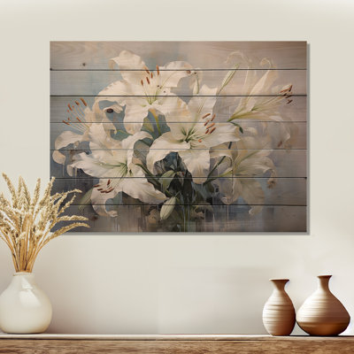 White Lilies In Bloom Beauty - Lilies Wood Wall Art On Natural Pine Wood