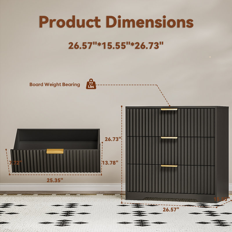 27"W Modern Nightstand With 3 Storage Drawers, Black