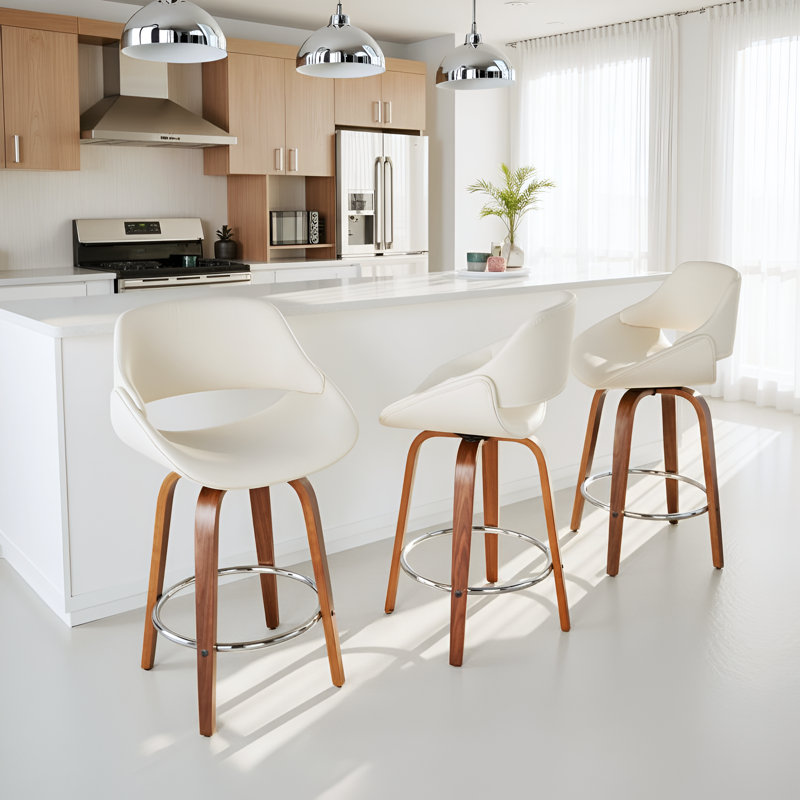 Najrin Faux Leather Upholstered Bar & Counter Stool with Round Footrest, Cream, Walnut/Chrome