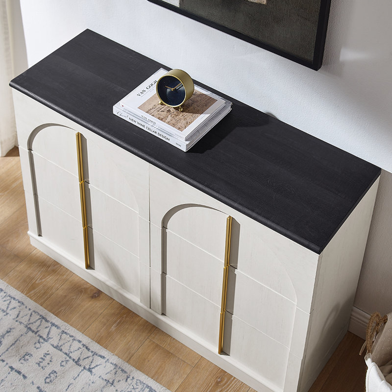 Modern 6 Drawer Dresser, Wood Wide Chest Of Drawers With Arched Style, White, White