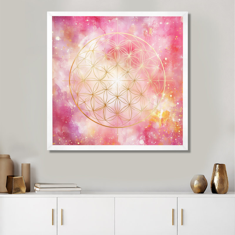 Mandala rose doré rose - Boho Glam Bloom II - Art mural encadré, H 24 po x l 24 po, Cadre photo blanc