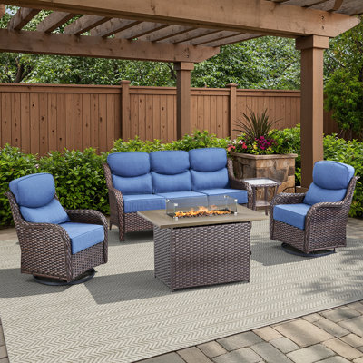 5-Piece Outdoor Wicker Patio Night Fire Pit Table Set With Coffee Table