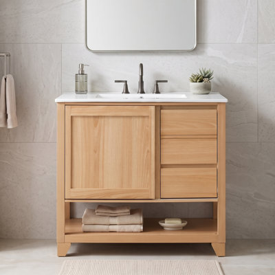 Meuble-lavabo 36 po avec lavabo intégré en céramique, porte coulissante, 2 tiroirs et tablette ouverte, pieds en bois massif, quincaillerie à fermeture en douceur