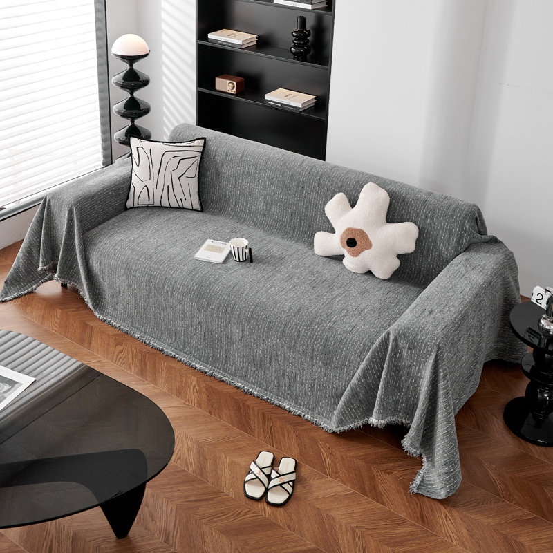 Housse pour canapé à rayures fines multicolores en chenille classique, Gris chenille, H 71 po x l 150 po x P 0,1 po