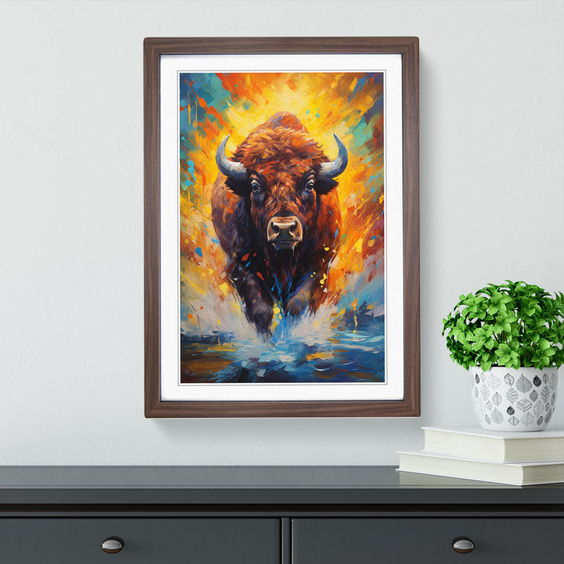 Buffalo Impressionism Art - Framed Print, 34cm H x 25cm W x 2cm D, Walnut Framed