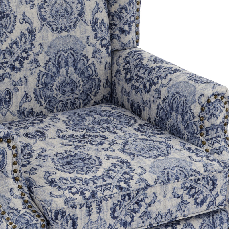 Duward Damask Navy Floral Upholstered Wingback Accent Chair with Nailhead Trim, Damask Navy 