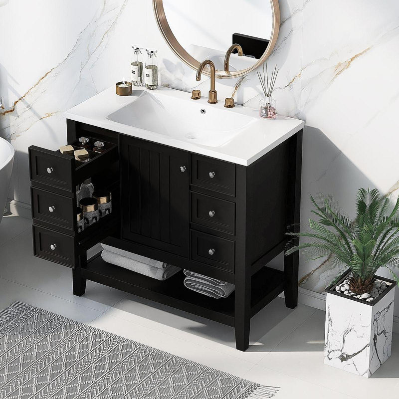 Ensemble de meuble-lavabo 36 po avec lavabo, une armoire et trois tiroirs, bois massif et panneau de fibres à densité moyenne, noir