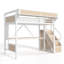 Lit mezzanine industriel double XL avec bureau, prise électrique, éclairage DEL, escalier de rangement, armoire, paniers en maille et panneau perforé.-115968128-115968131