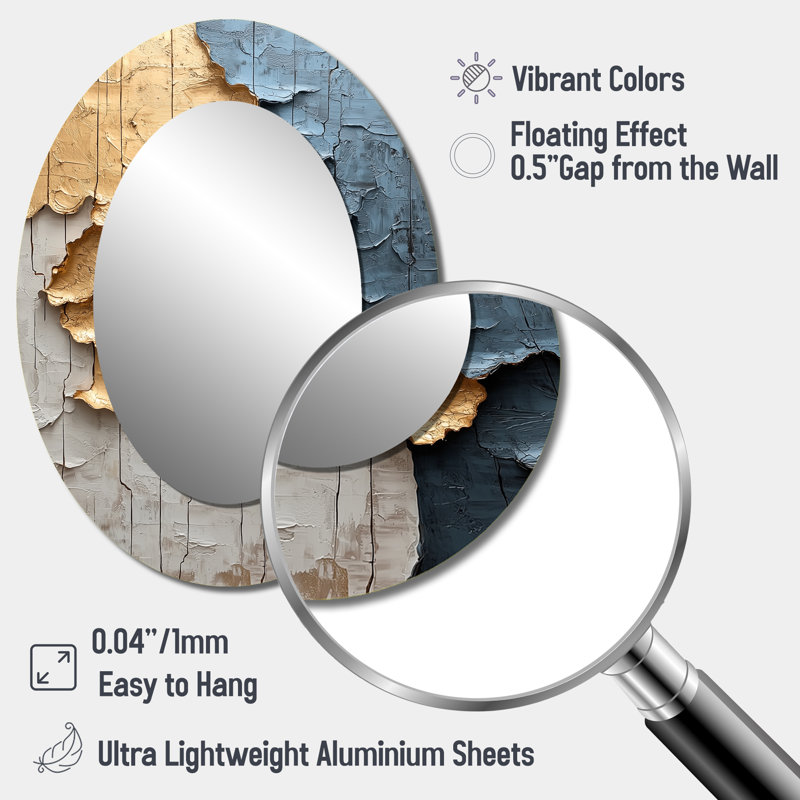 Gold And Grey Japanese Zen Tiles I - Large Oval Wall Mirror On Metal, 40" x 30"