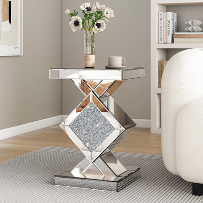 Amla 24'' Tall Pedestal Mirrored Glass Top End Table with Crystal Inlay