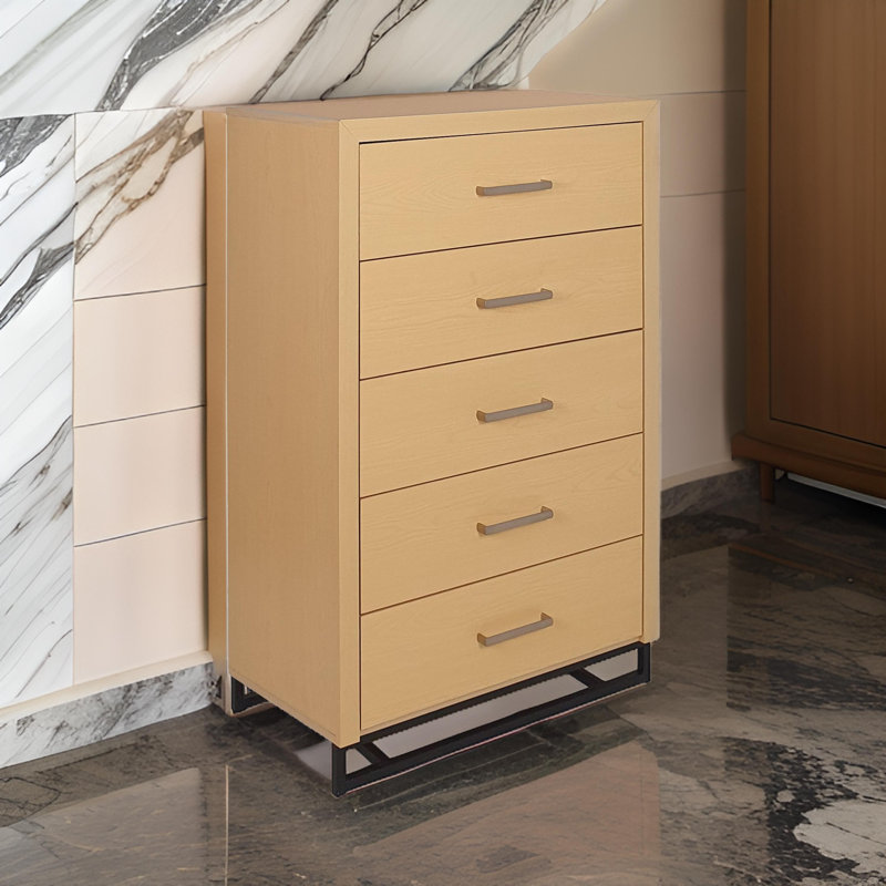 Commode haute avec 5 tiroirs, base en fer, bois brun naturel, Brun naturel