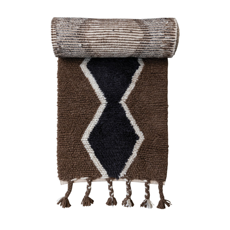 Cotton And Wool Blend Rug With Pattern And Braided Tassels, Runner 2'6" x 8'