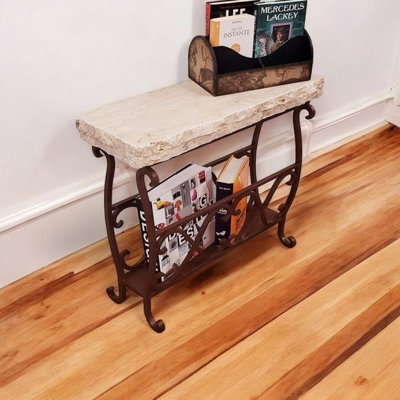 Charming Chiseled Cream Travertine & Coppertone Wrought Iron Magazine Sofa Table