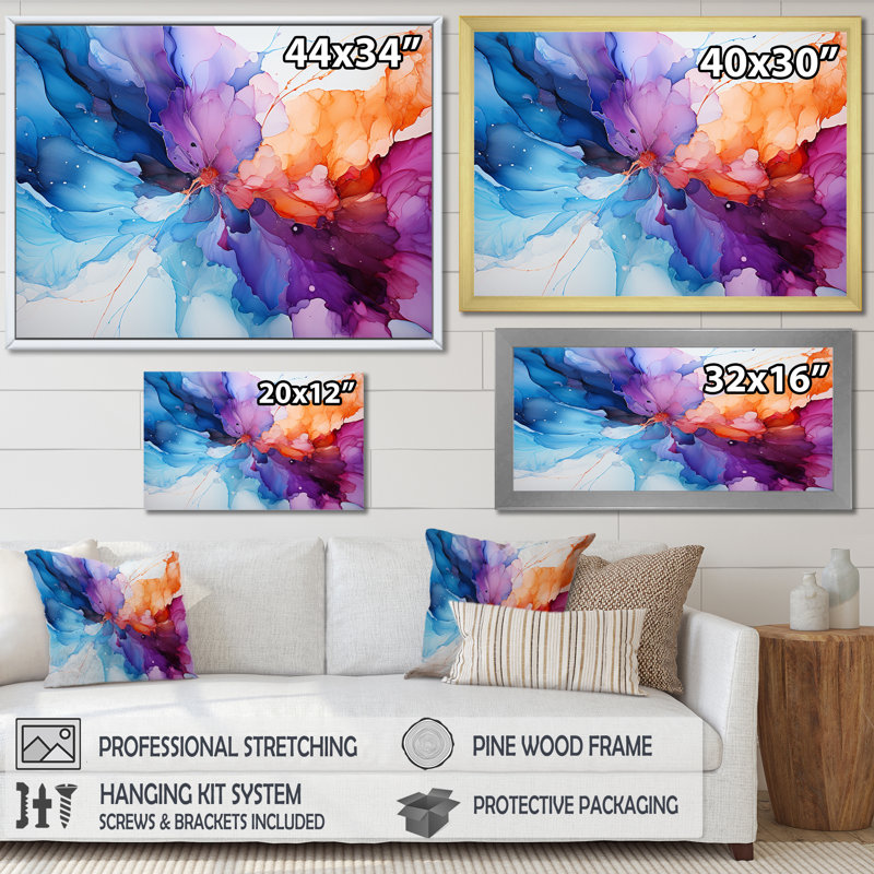«Orange and Teal Essence Ink I», reproduction d'art abstrait, Cadre flottant doré, H 32 po x l 16 po x P 1 po