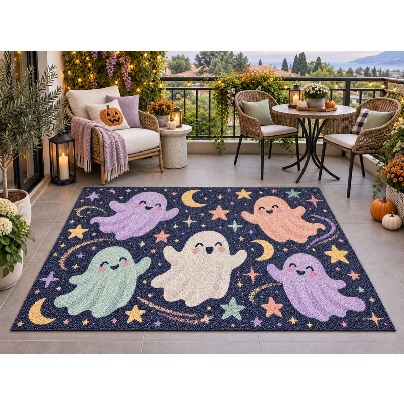 Tapis d'extérieur 152 x 213 cm, motif fantômes et étoiles pastel, Halloween, épais, imperméable, en PVC bouclé, résistant, séchage rapide, idéal pour terrasse, porche, balcon, entrée, camping-car.